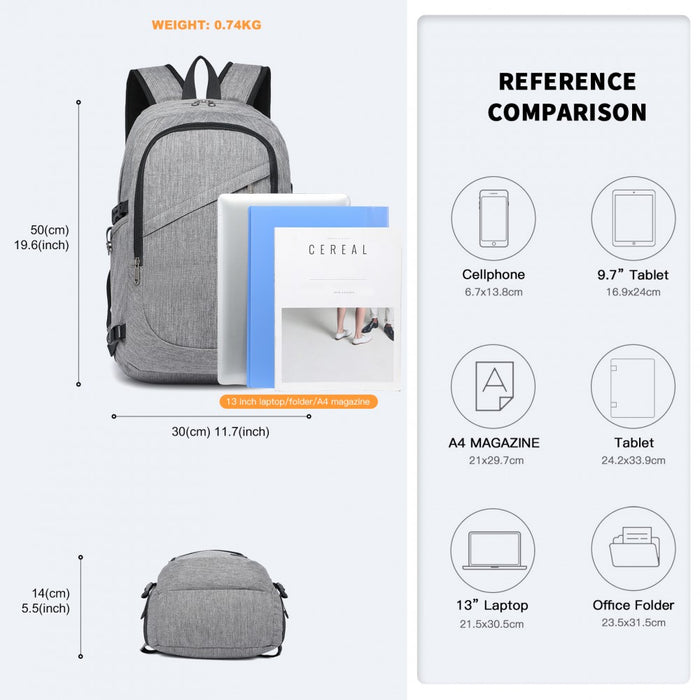 BPK2426 - Kono Minimalist Design Tech Backpack with USB & Type-C Port and Laptop Compartment - Grey