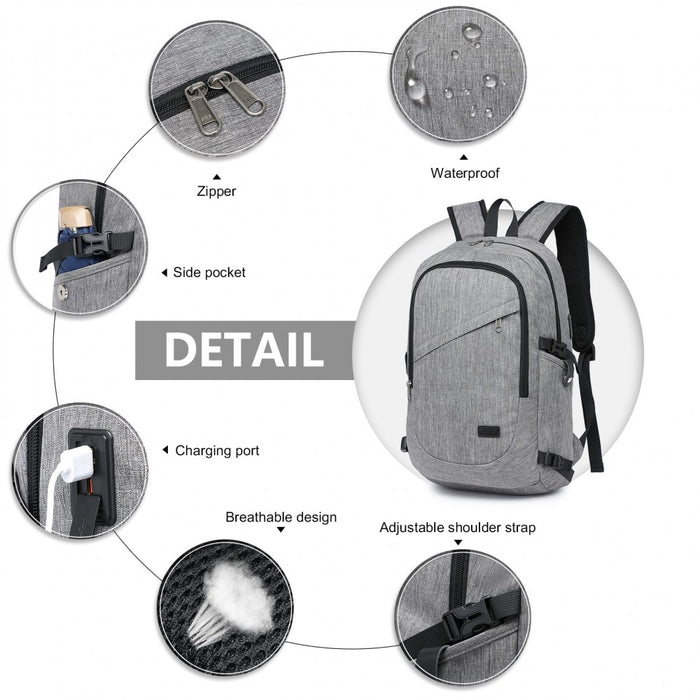 BPK2426 - Kono Minimalist Design Tech Backpack with USB & Type-C Port and Laptop Compartment - Grey