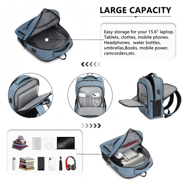 BPK2442 - Kono Commuter Laptop Backpack with USB & Type-C Port, Anti-Theft Pocket, Organised Storage - Blue