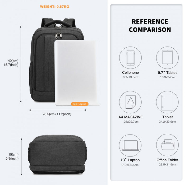 BPK2442 - Kono Commuter Laptop Backpack with USB & Type-C Port, Anti-Theft Pocket, Organised Storage - Black