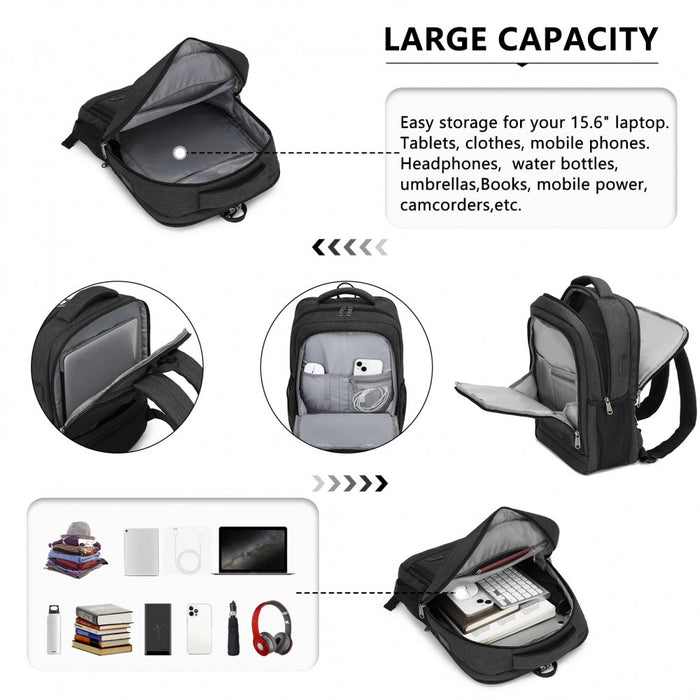 BPK2442 - Kono Commuter Laptop Backpack with USB & Type-C Port, Anti-Theft Pocket, Organised Storage - Black