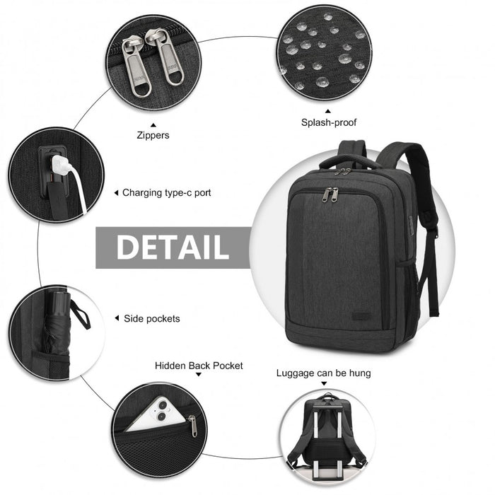 BPK2442 - Kono Commuter Laptop Backpack with USB & Type-C Port, Anti-Theft Pocket, Organised Storage - Black