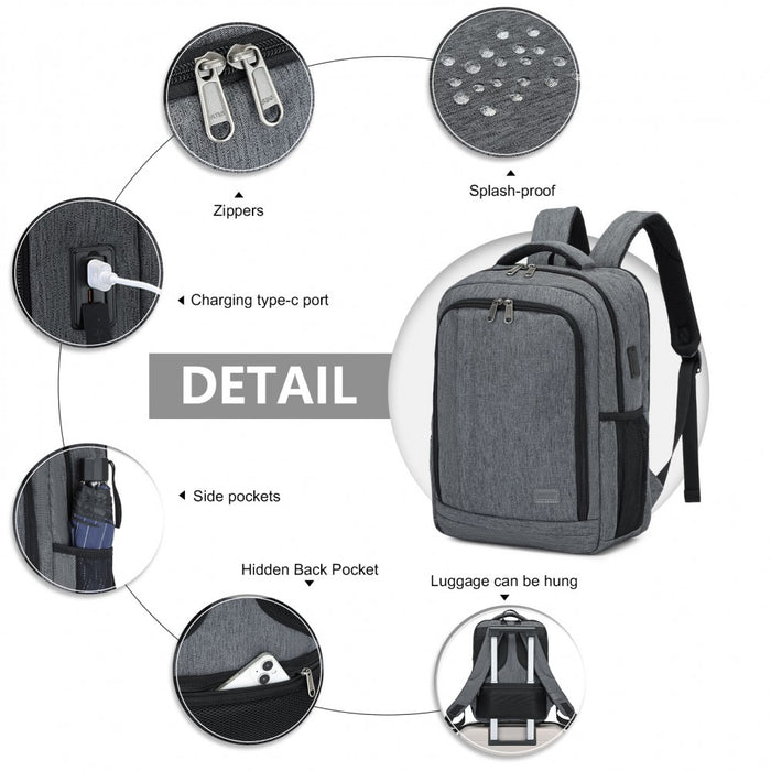 BPK2442 - Kono Commuter Laptop Backpack with USB & Type-C Port, Anti-Theft Pocket, Organised Storage - Grey