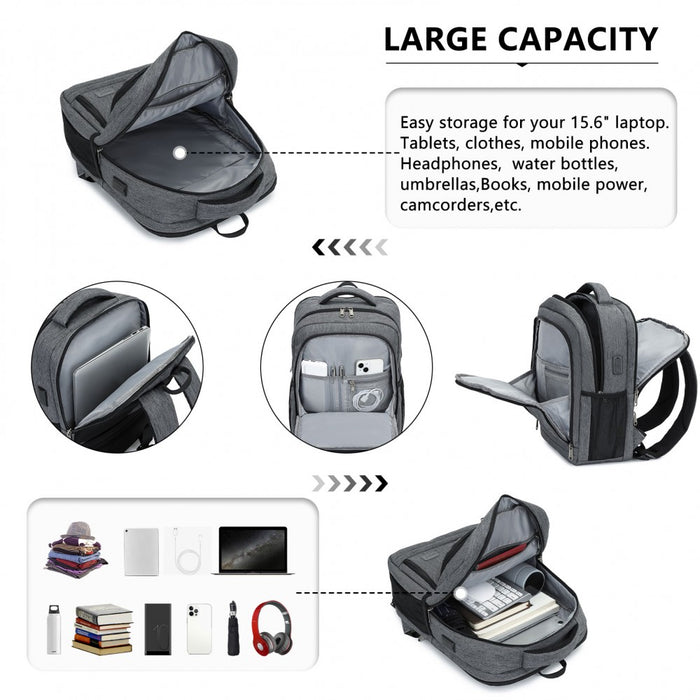 BPK2442 - Kono Commuter Laptop Backpack with USB & Type-C Port, Anti-Theft Pocket, Organised Storage - Grey