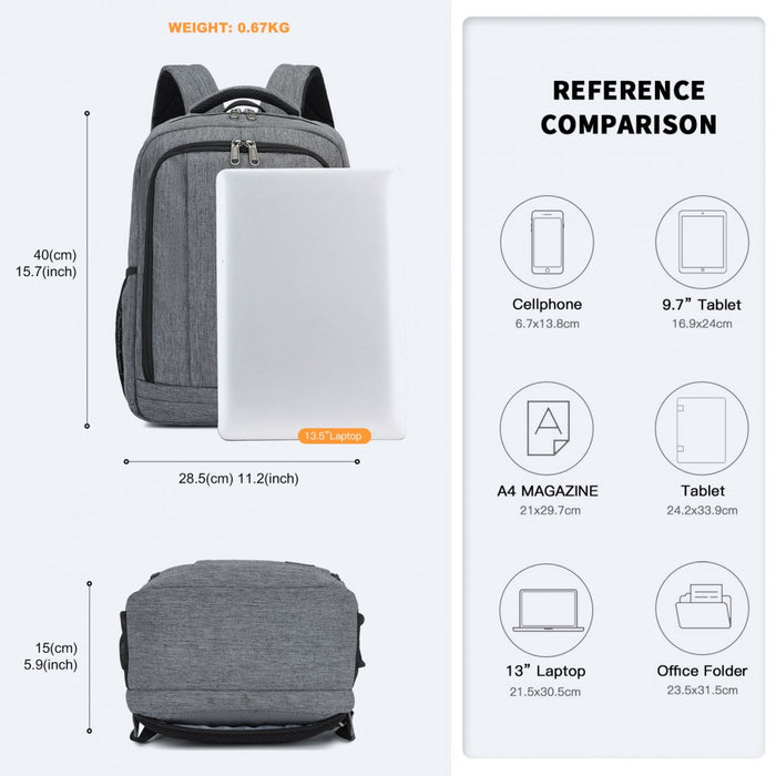 BPK2442 - Kono Commuter Laptop Backpack with USB & Type-C Port, Anti-Theft Pocket, Organised Storage - Grey