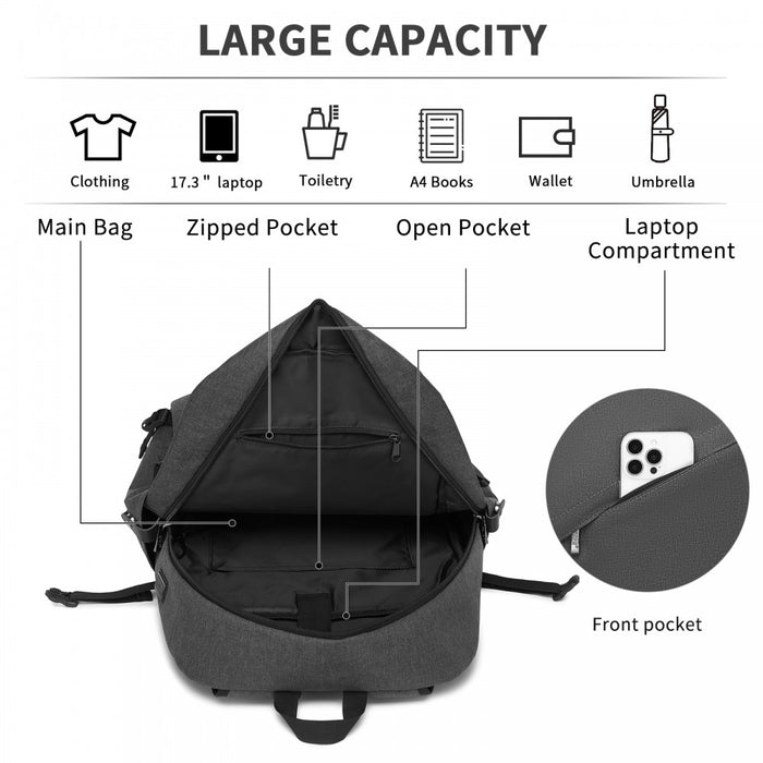 BPK2501 - Kono Modern Urban Style Laptop Backpack – School & Commuter Rucksack with USB & Type-C Charging Port - Dark Grey