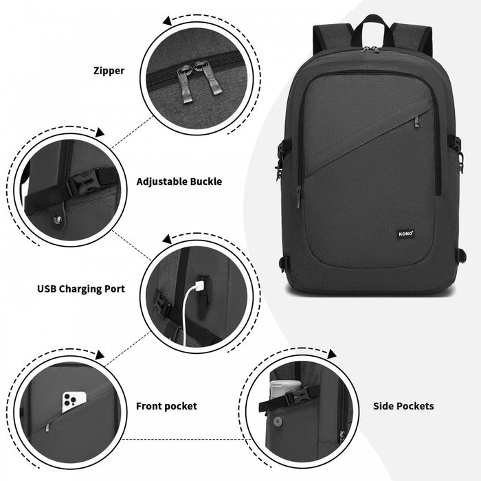 BPK2501 - Kono Modern Urban Style Laptop Backpack – School & Commuter Rucksack with USB & Type-C Charging Port - Dark Grey