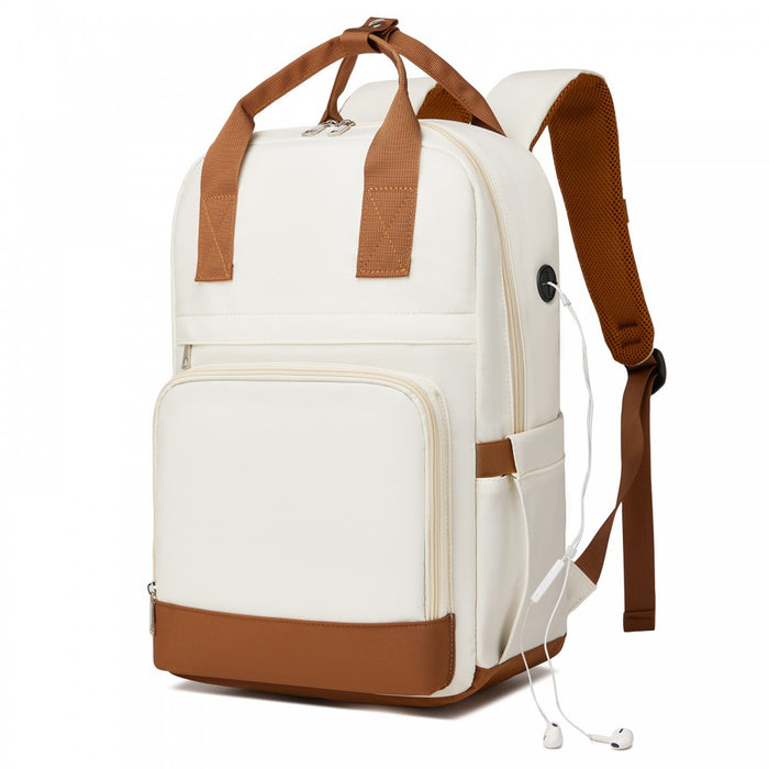 BPK2502 - Kono Casual Contemporary Backpack with Laptop Sleeve & Padded Straps for Daily Commute - Cream and Brown