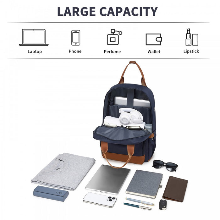 BPK2502 - Kono Casual Contemporary Backpack with Laptop Sleeve & Padded Straps for Daily Commute - Navy and Brown