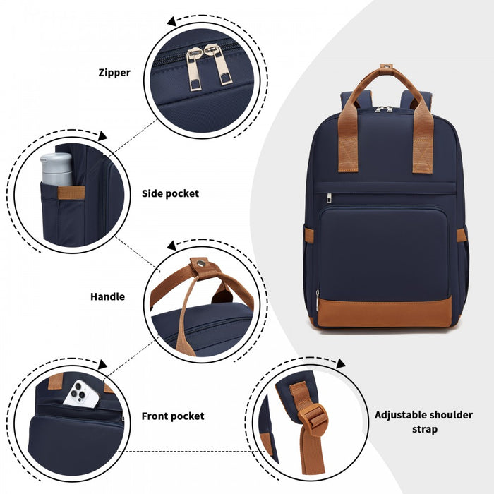 BPK2502 - Kono Casual Contemporary Backpack with Laptop Sleeve & Padded Straps for Daily Commute - Navy and Brown