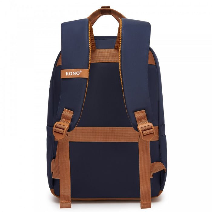 BPK2502 - Kono Casual Contemporary Backpack with Laptop Sleeve & Padded Straps for Daily Commute - Navy and Brown