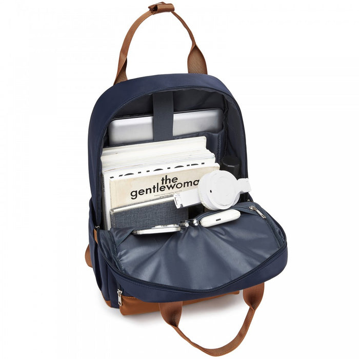BPK2502 - Kono Casual Contemporary Backpack with Laptop Sleeve & Padded Straps for Daily Commute - Navy and Brown