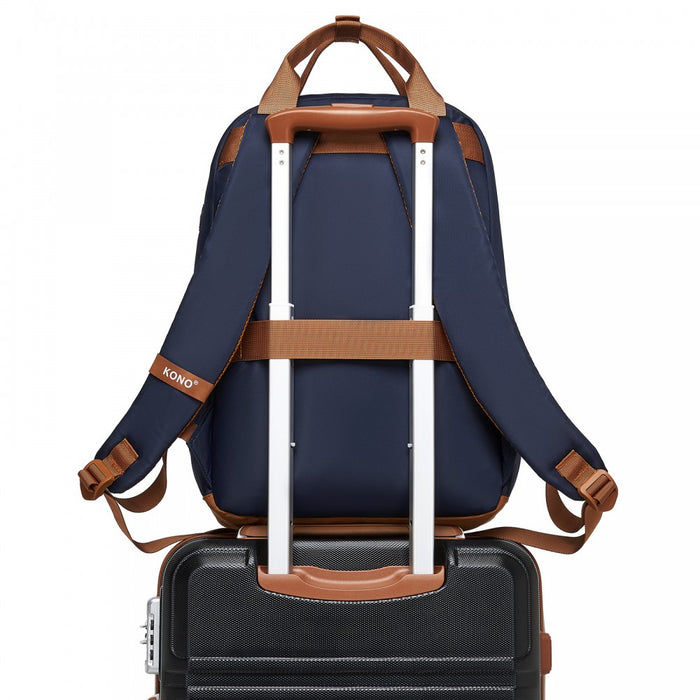 BPK2502 - Kono Casual Contemporary Backpack with Laptop Sleeve & Padded Straps for Daily Commute - Navy and Brown