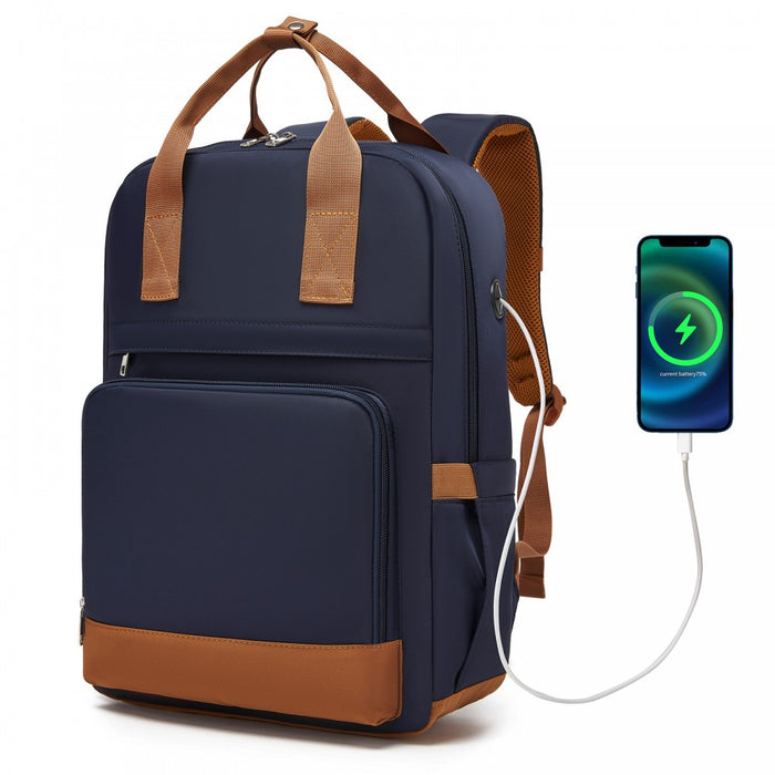 BPK2502 - Kono Casual Contemporary Backpack with Laptop Sleeve & Padded Straps for Daily Commute - Navy and Brown