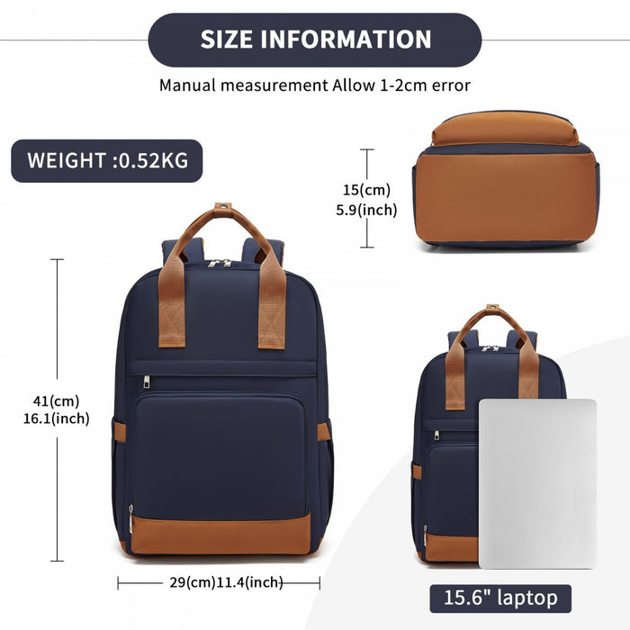 BPK2502 - Kono Casual Contemporary Backpack with Laptop Sleeve & Padded Straps for Daily Commute - Navy and Brown