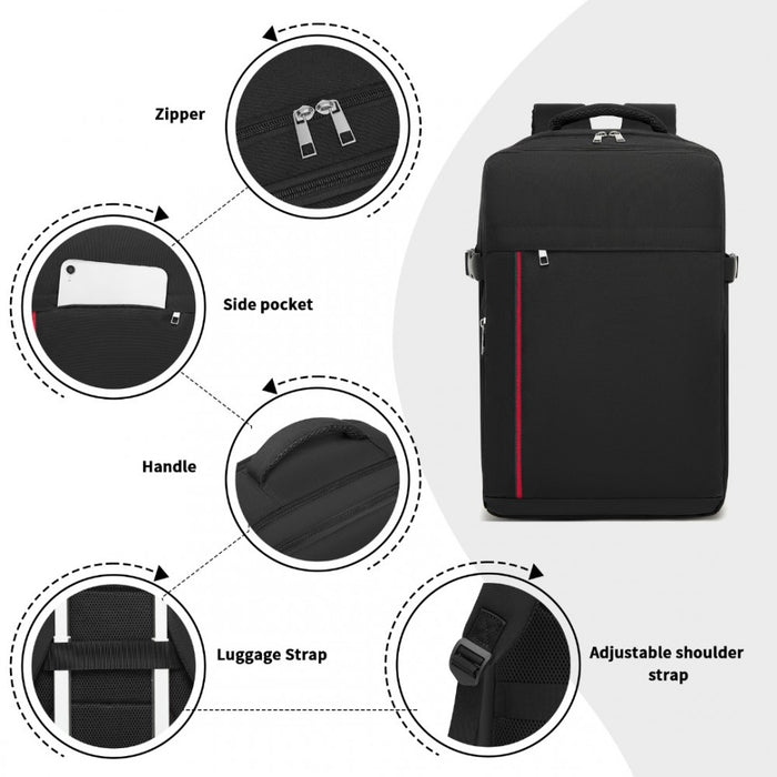 BPK2504 - Kono 20L Cabin Backpack with Red Trim for 15.6” Laptop – Water-Resistant Travel Daypack with Luggage Strap - Black