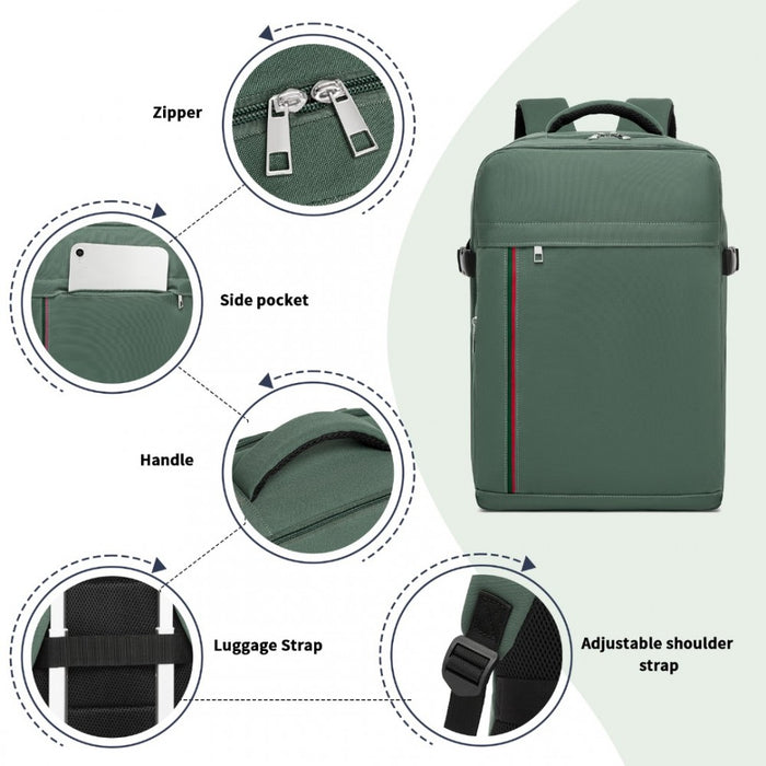 BPK2504 - Kono 20L Cabin Backpack with Red Trim for 15.6” Laptop – Water-Resistant Travel Daypack with Luggage Strap - Green