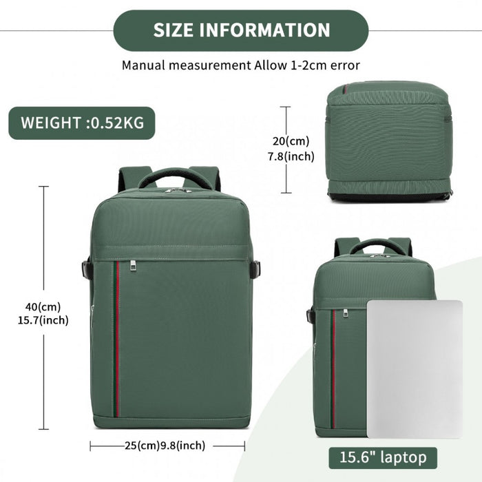 BPK2504 - Kono 20L Cabin Backpack with Red Trim for 15.6” Laptop – Water-Resistant Travel Daypack with Luggage Strap - Green