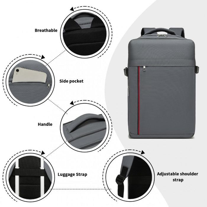 BPK2504 - Kono 20L Cabin Backpack with Red Trim for 15.6” Laptop – Water-Resistant Travel Daypack with Luggage Strap - Grey