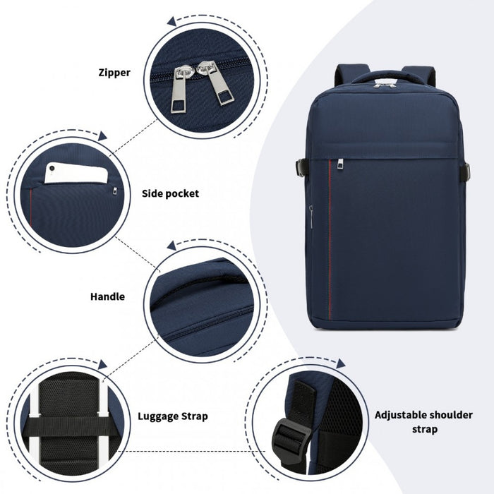 BPK2504 - Kono 20L Cabin Backpack with Red Trim for 15.6” Laptop – Water-Resistant Travel Daypack with Luggage Strap - Navy