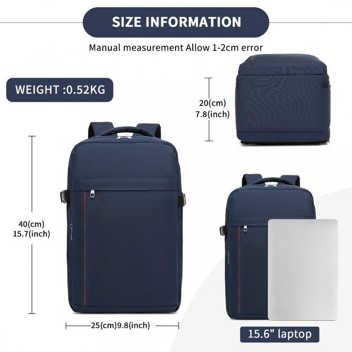 BPK2504 - Kono 20L Cabin Backpack with Red Trim for 15.6” Laptop – Water-Resistant Travel Daypack with Luggage Strap - Navy