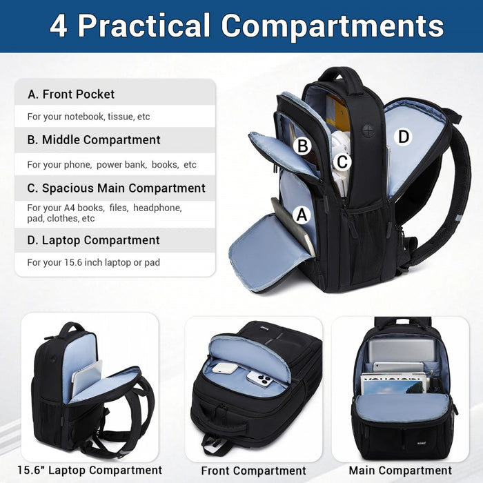 BPK2518 - Kono Laptop Backpack with 15.6" Laptop Compartment, Comfortable & Durable for Work and Business Trips - Black