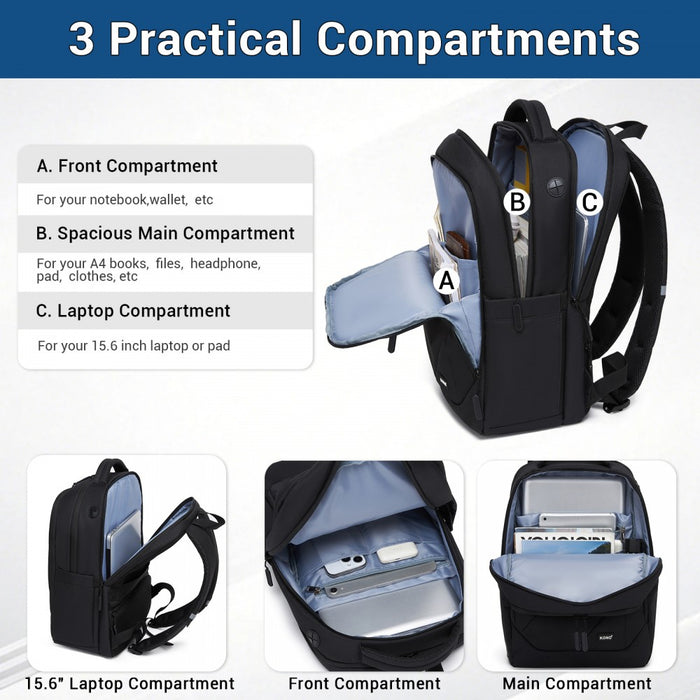 BPK2519 - Kono Laptop Backpack with 15.6" Laptop Compartment, Stylish Commuter Bag with Reflective Straps - Black