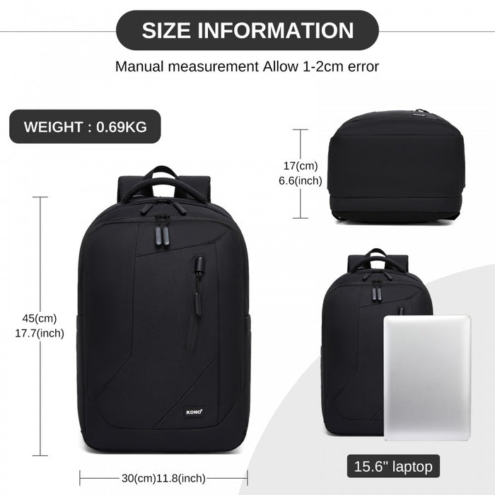 BPK2519 - Kono Laptop Backpack with 15.6" Laptop Compartment, Stylish Commuter Bag with Reflective Straps - Black