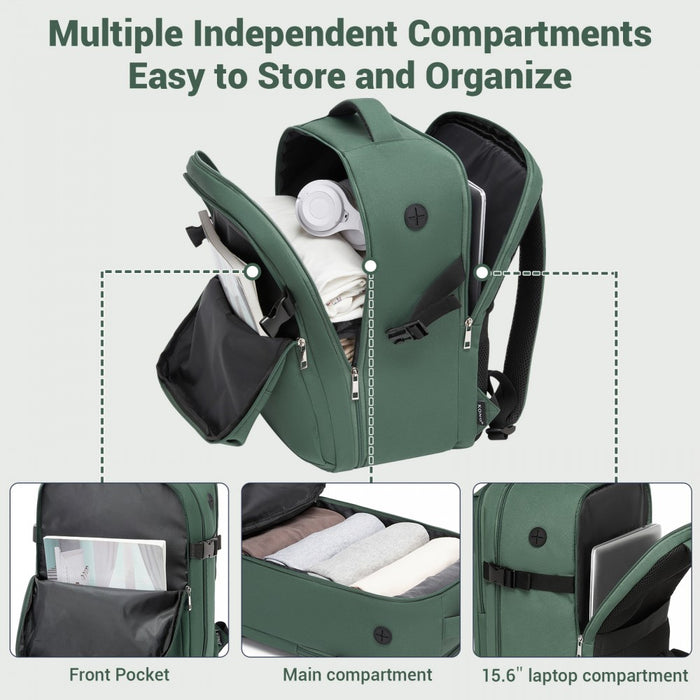 BPK2524 - Kono Spacious and Organised Personal-Item Backpack (40×30×20) with 15.6" Laptop Sleeve, Clamshell Main - Green