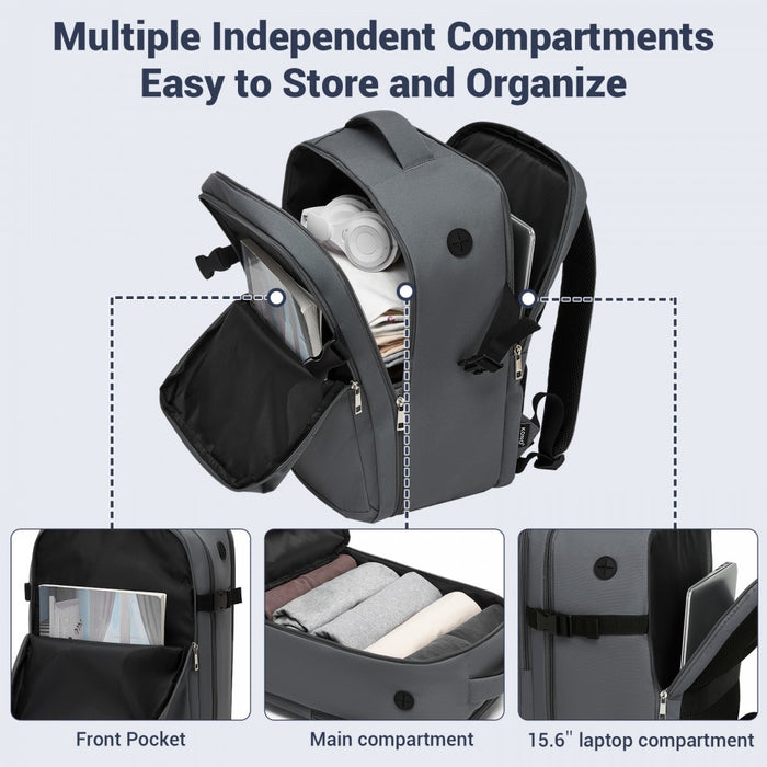 BPK2524 - Kono Spacious and Organised Personal-Item Backpack (40×30×20) with 15.6" Laptop Sleeve, Clamshell Main - Grey