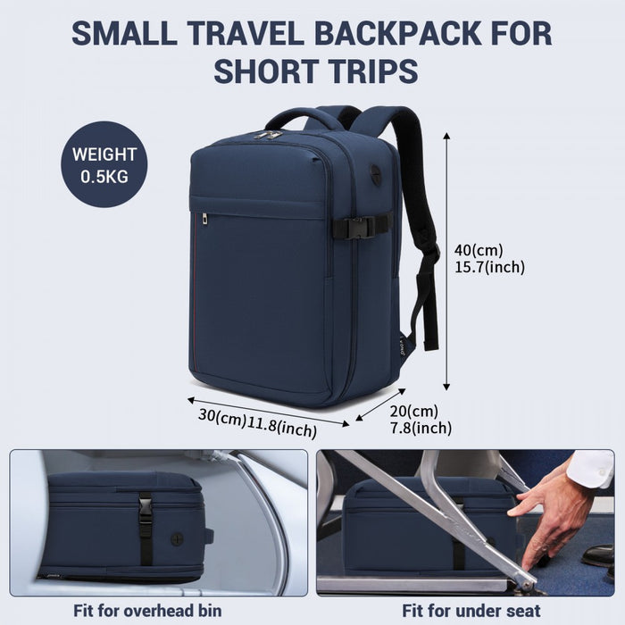 BPK2524 - Kono Spacious and Organised Personal-Item Backpack (40×30×20) with 15.6" Laptop Sleeve, Clamshell Main - Navy