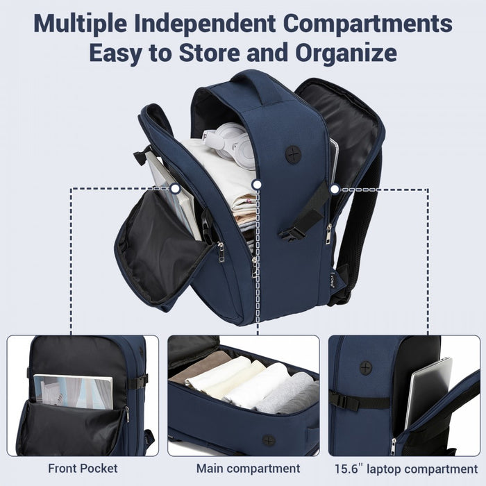 BPK2524 - Kono Spacious and Organised Personal-Item Backpack (40×30×20) with 15.6" Laptop Sleeve, Clamshell Main - Navy
