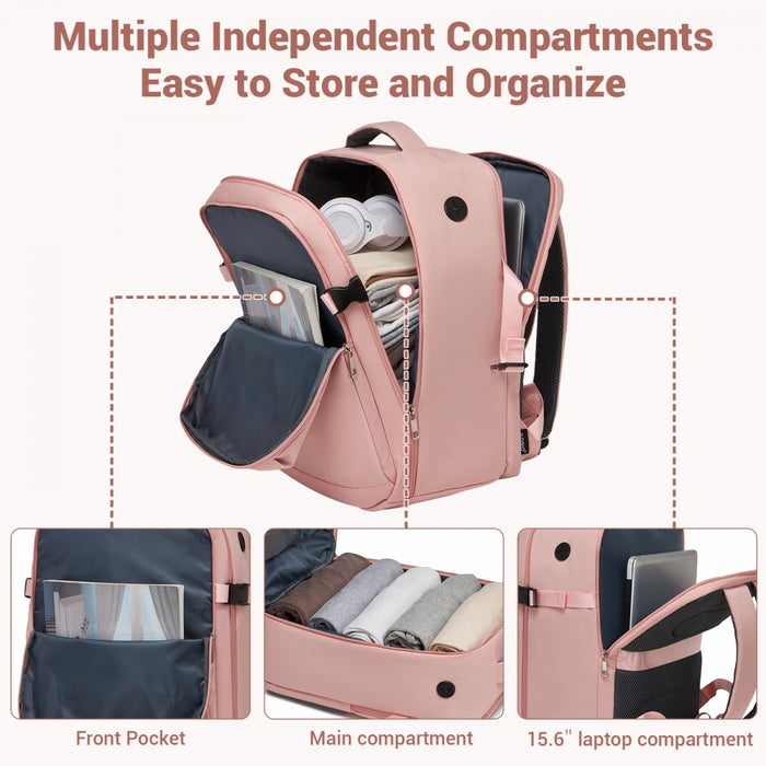 BPK2524 - Kono Spacious and Organised Personal-Item Backpack (40×30×20) with 15.6" Laptop Sleeve, Clamshell Main - Pink