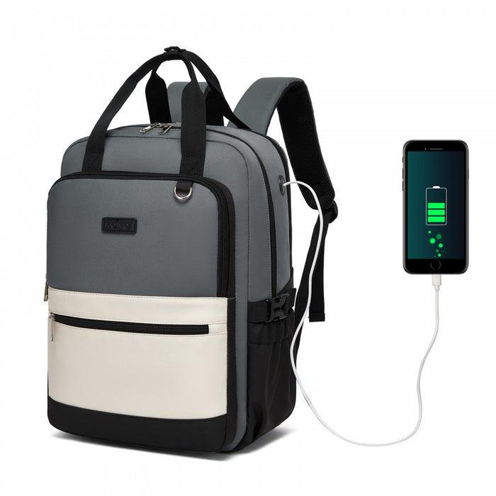 BPK2527 - Kono Functional Water-Resistant Laptop Backpack, Trendy Design with Padded Sleeve and Multiple Practical Compartments - Grey and Beige