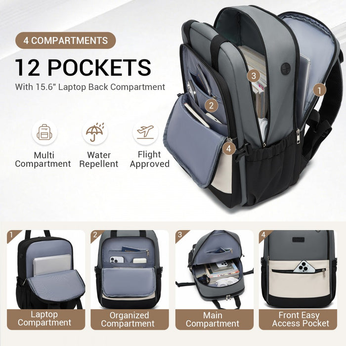 BPK2527 - Kono Functional Water-Resistant Laptop Backpack, Trendy Design with Padded Sleeve and Multiple Practical Compartments - Grey and Beige
