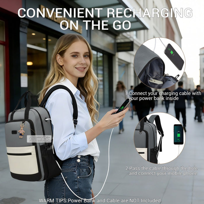 BPK2527 - Kono Functional Water-Resistant Laptop Backpack, Trendy Design with Padded Sleeve and Multiple Practical Compartments - Grey and Beige