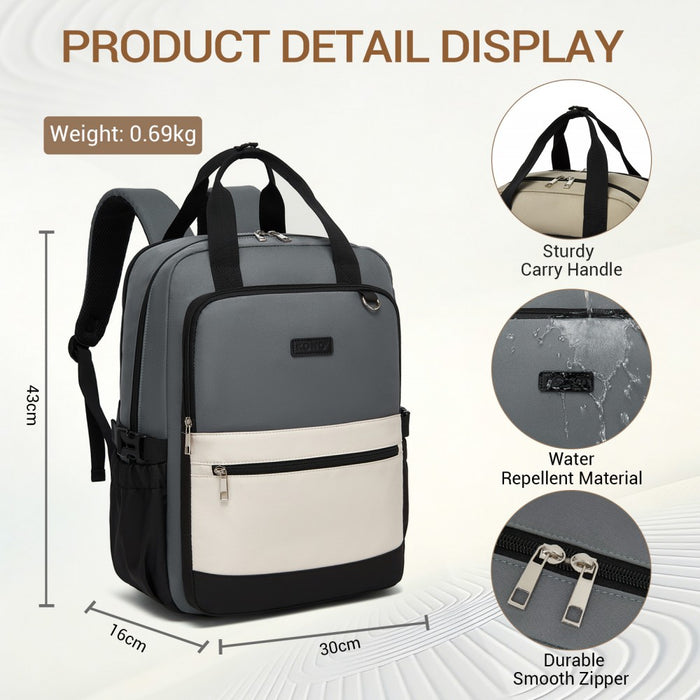 BPK2527 - Kono Functional Water-Resistant Laptop Backpack, Trendy Design with Padded Sleeve and Multiple Practical Compartments - Grey and Beige