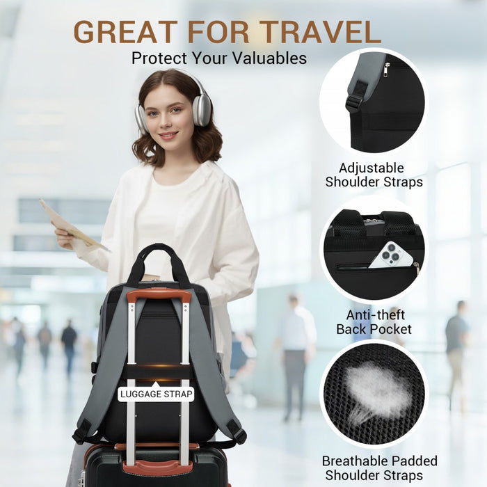 BPK2527 - Kono Functional Water-Resistant Laptop Backpack, Trendy Design with Padded Sleeve and Multiple Practical Compartments - Grey and Beige