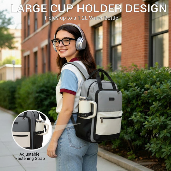 BPK2527 - Kono Functional Water-Resistant Laptop Backpack, Trendy Design with Padded Sleeve and Multiple Practical Compartments - Grey and Beige