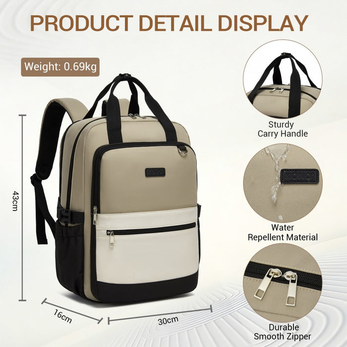 BPK2527 - Kono Functional Water-Resistant Laptop Backpack, Trendy Design with Padded Sleeve and Multiple Practical Compartments - Khaki and Beige
