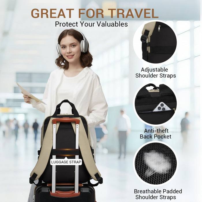 BPK2527 - Kono Functional Water-Resistant Laptop Backpack, Trendy Design with Padded Sleeve and Multiple Practical Compartments - Khaki and Beige