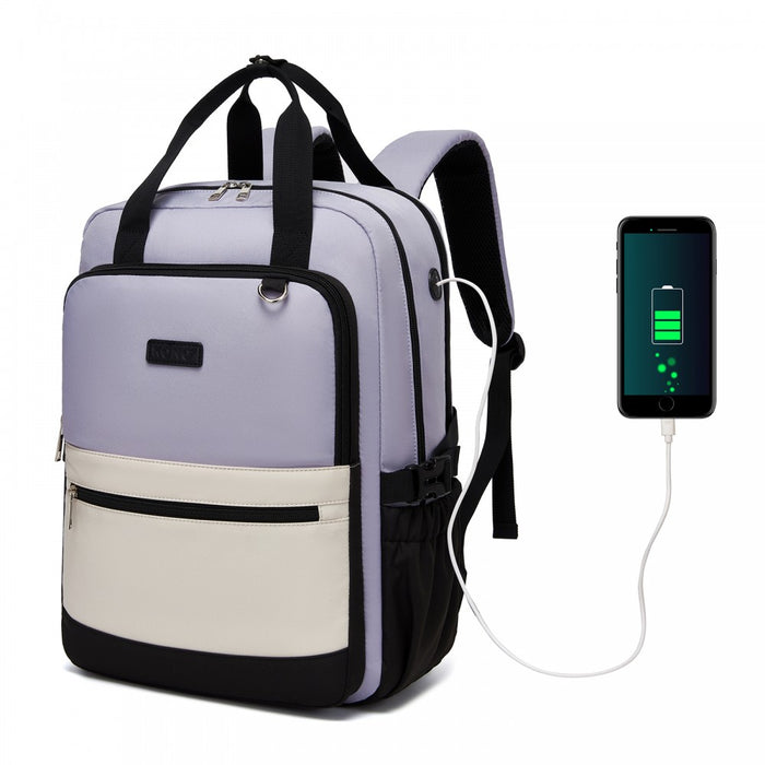 BPK2527 - Kono Functional Water-Resistant Laptop Backpack, Trendy Design with Padded Sleeve and Multiple Practical Compartments - Purple and Beige