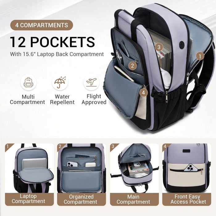 BPK2527 - Kono Functional Water-Resistant Laptop Backpack, Trendy Design with Padded Sleeve and Multiple Practical Compartments - Purple and Beige