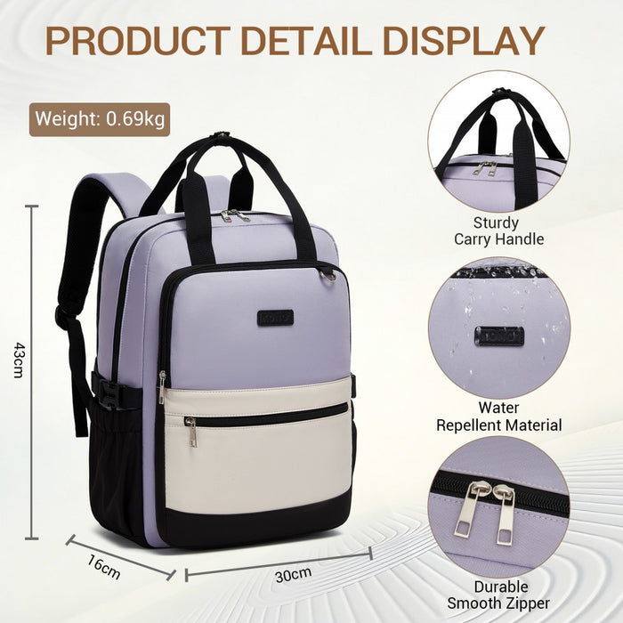 BPK2527 - Kono Functional Water-Resistant Laptop Backpack, Trendy Design with Padded Sleeve and Multiple Practical Compartments - Purple and Beige