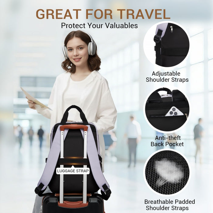 BPK2527 - Kono Functional Water-Resistant Laptop Backpack, Trendy Design with Padded Sleeve and Multiple Practical Compartments - Purple and Beige