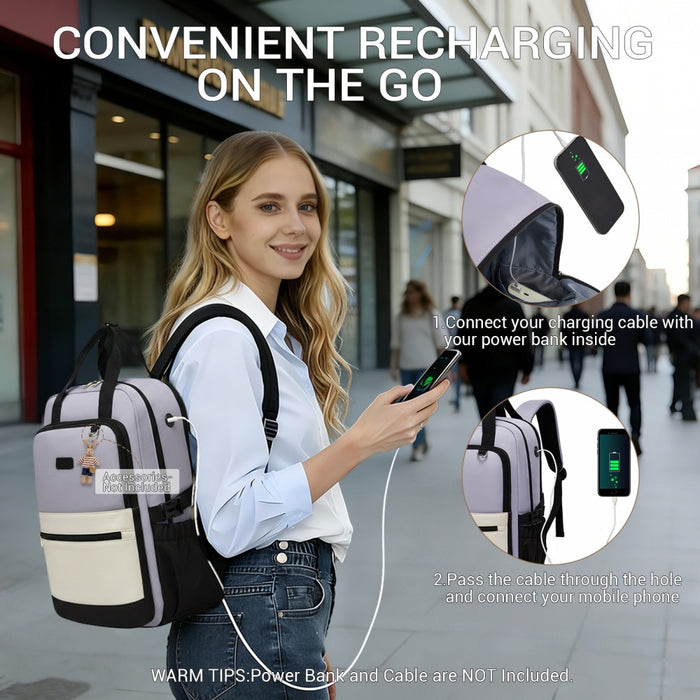 BPK2527 - Kono Functional Water-Resistant Laptop Backpack, Trendy Design with Padded Sleeve and Multiple Practical Compartments - Purple and Beige