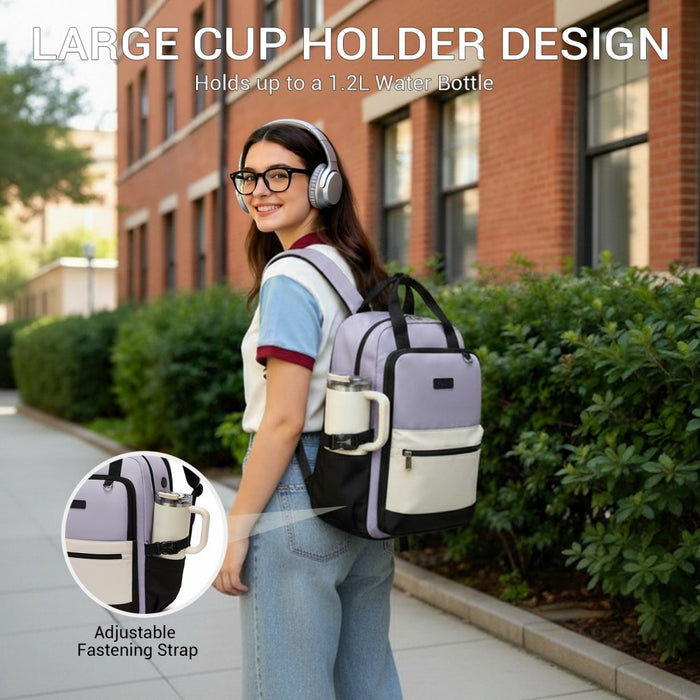 BPK2527 - Kono Functional Water-Resistant Laptop Backpack, Trendy Design with Padded Sleeve and Multiple Practical Compartments - Purple and Beige