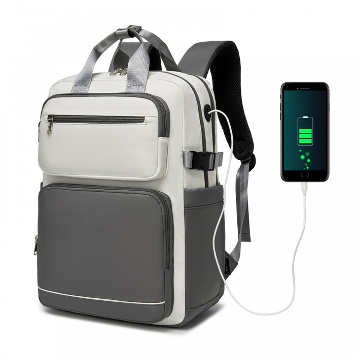 BPK2530 - Kono Spacious Water-Resistant Laptop Backpack for Travel & Commuting - 15.6" Padded Laptop Compartment, Reflective Strip - Beige and Grey