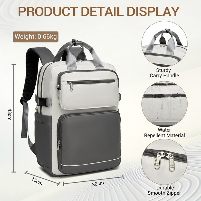 BPK2530 - Kono Spacious Water-Resistant Laptop Backpack for Travel & Commuting - 15.6" Padded Laptop Compartment, Reflective Strip - Beige and Grey