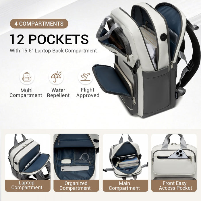 BPK2530 - Kono Spacious Water-Resistant Laptop Backpack for Travel & Commuting - 15.6" Padded Laptop Compartment, Reflective Strip - Beige and Grey